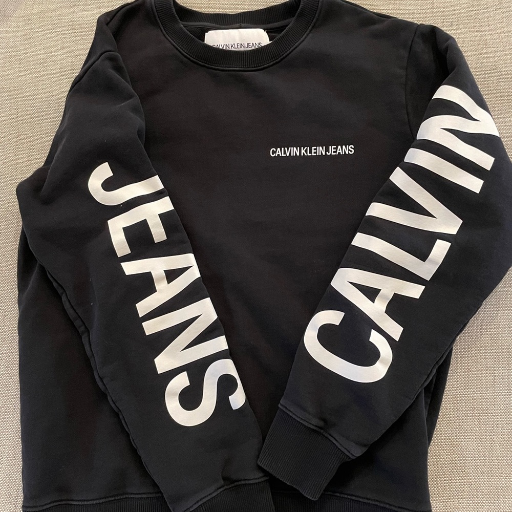 CALVIN KLEIN JEANS Unisex Spell Out Logo Cotton Sweatshirt in‎ Black Size S